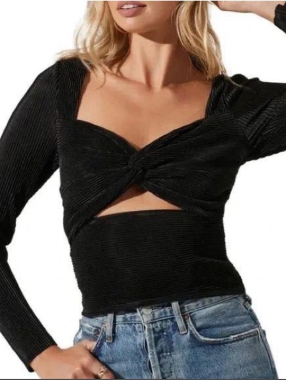 Twist Front Cutout Ribbed Long Sleeve Top - Black